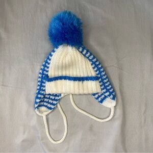 Vintage Kmart Children’s Winter Knit Ski Hat With Pom Blue White 1980s